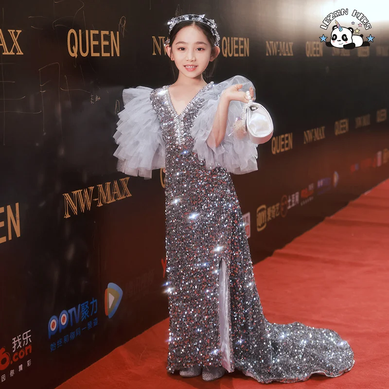 LEZONKIDS - High-end Children's Birthday Evening Dress Mesh Lantern Sleeve Girl Princess Dress Boutique Dresses
